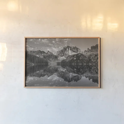Baron Lake Monte Verita Peak Sawtooh Mountains II BW by Alan Majchrowicz. shown as a paper print in a natural frame. Available as a archival giclee rolled canvas, fine art paper, or poster print. SKU 81525i.