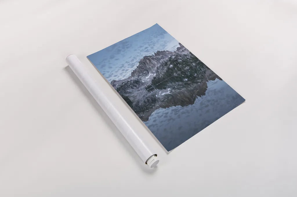 Baron Lake Monte Verita Peak Sawtooth Mountains I by Alan Majchrowicz. shown as a rolled paper print. Available as archival giclee rolled canvas, fine art paper, or poster print. SKU 81521h.