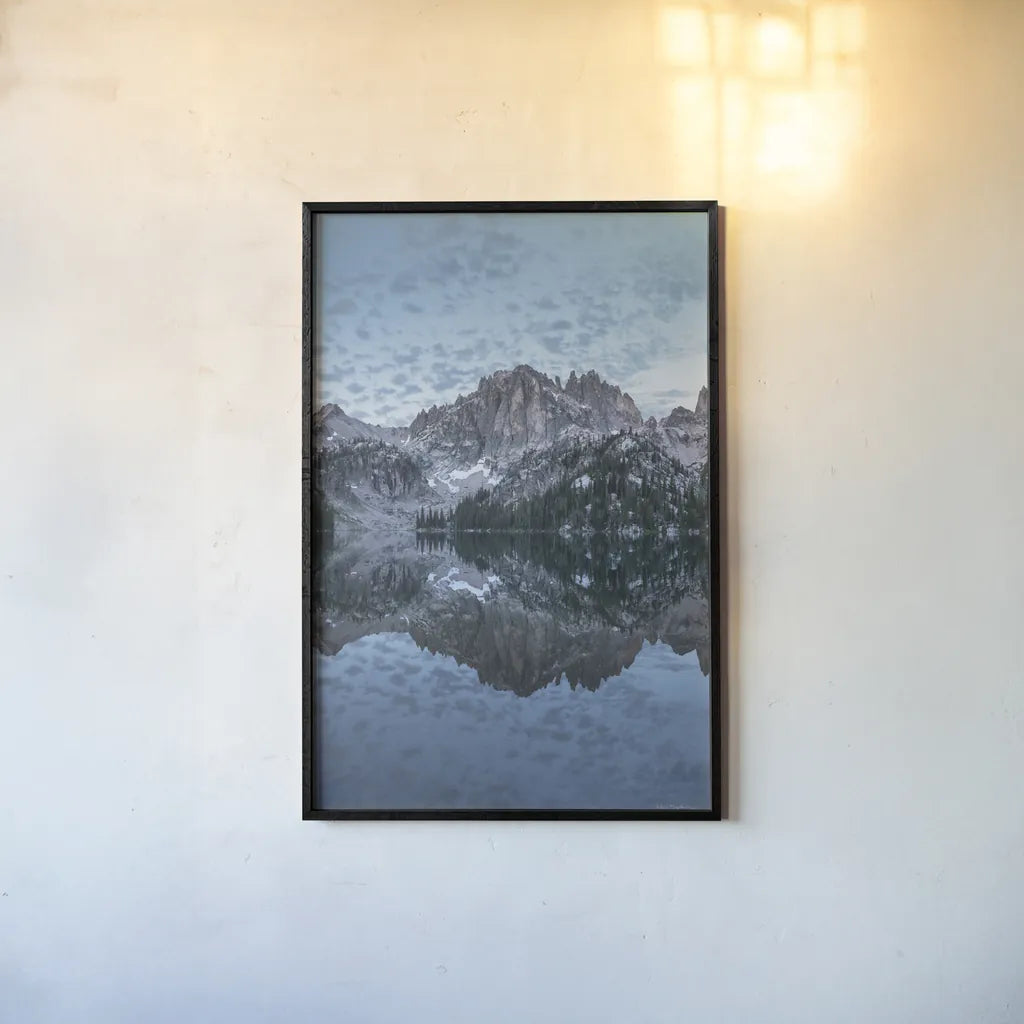 Baron Lake Monte Verita Peak Sawtooth Mountains I by Alan Majchrowicz. shown as a paper print in a black flame. Available as a archival giclee rolled canvas, fine art paper, or poster print. SKU 81521h.