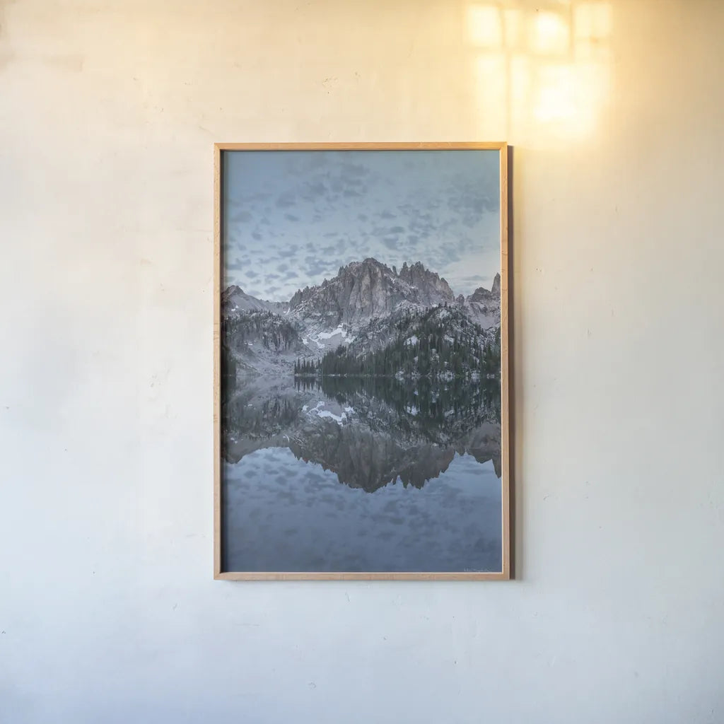 Baron Lake Monte Verita Peak Sawtooth Mountains I by Alan Majchrowicz. shown as a paper print in a natural frame. Available as a archival giclee rolled canvas, fine art paper, or poster print. SKU 81521h.