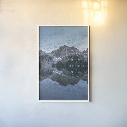Baron Lake Monte Verita Peak Sawtooth Mountains I by Alan Majchrowicz. shown as a paper print in a white frame. Available as a archival giclee rolled canvas, fine art paper, or poster print. SKU 81521h.