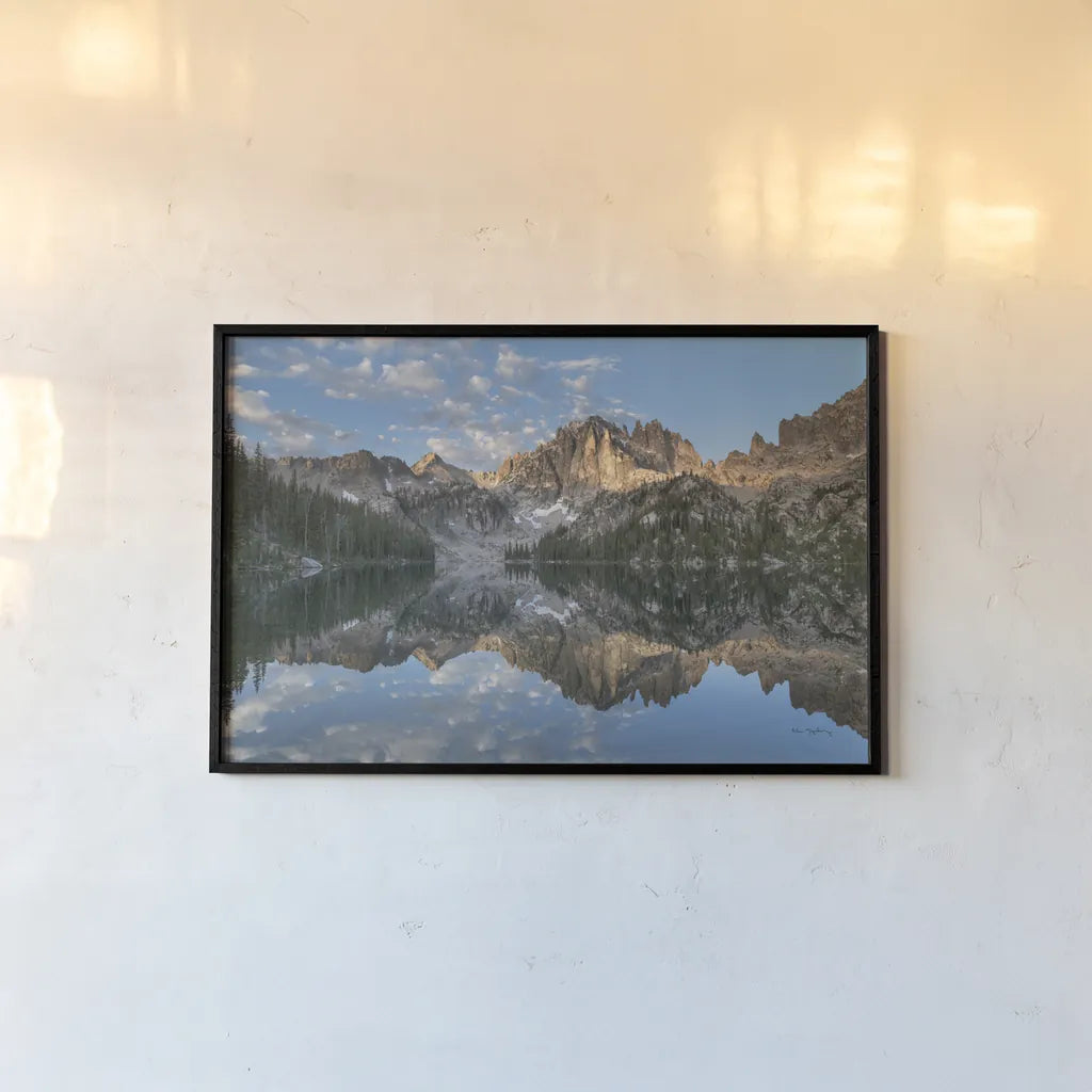 Baron Lake Monte Verita Peak Sawtooth Mountains II by Alan Majchrowicz. shown as a paper print in a black flame. Available as a archival giclee rolled canvas, fine art paper, or poster print. SKU 81522i.