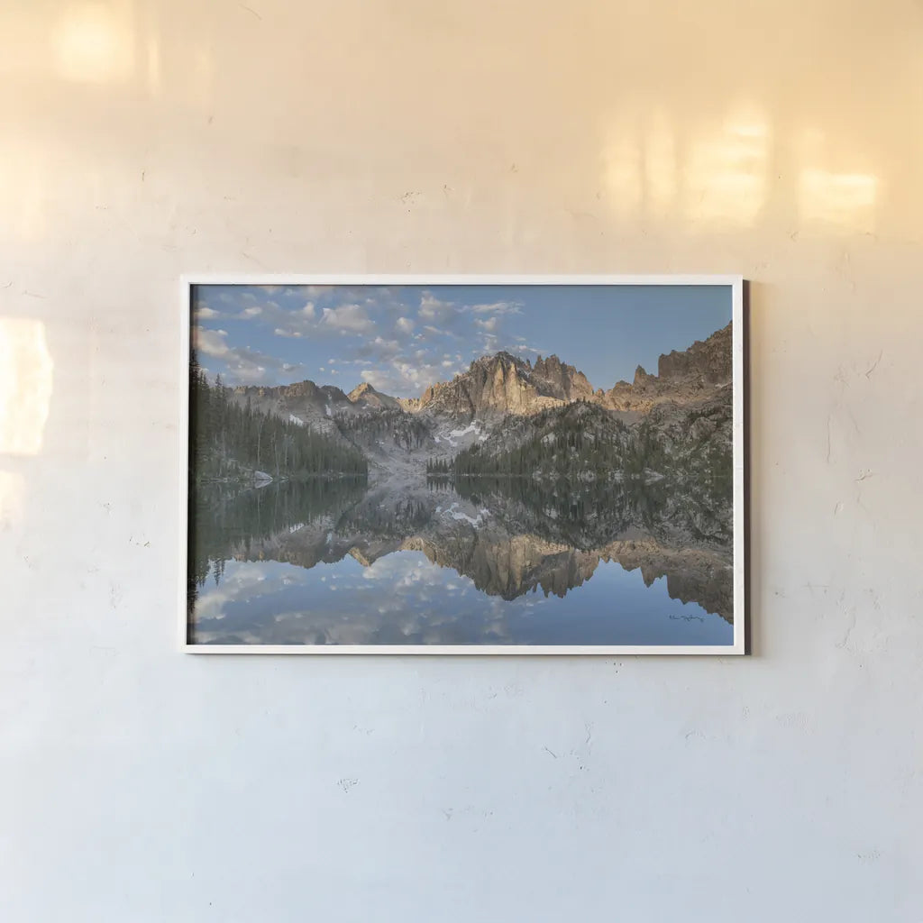 Baron Lake Monte Verita Peak Sawtooth Mountains II by Alan Majchrowicz. shown as a paper print in a white frame. Available as a archival giclee rolled canvas, fine art paper, or poster print. SKU 81522i.