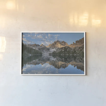 Baron Lake Monte Verita Peak Sawtooth Mountains II by Alan Majchrowicz. shown as a paper print in a white frame. Available as a archival giclee rolled canvas, fine art paper, or poster print. SKU 81522i.