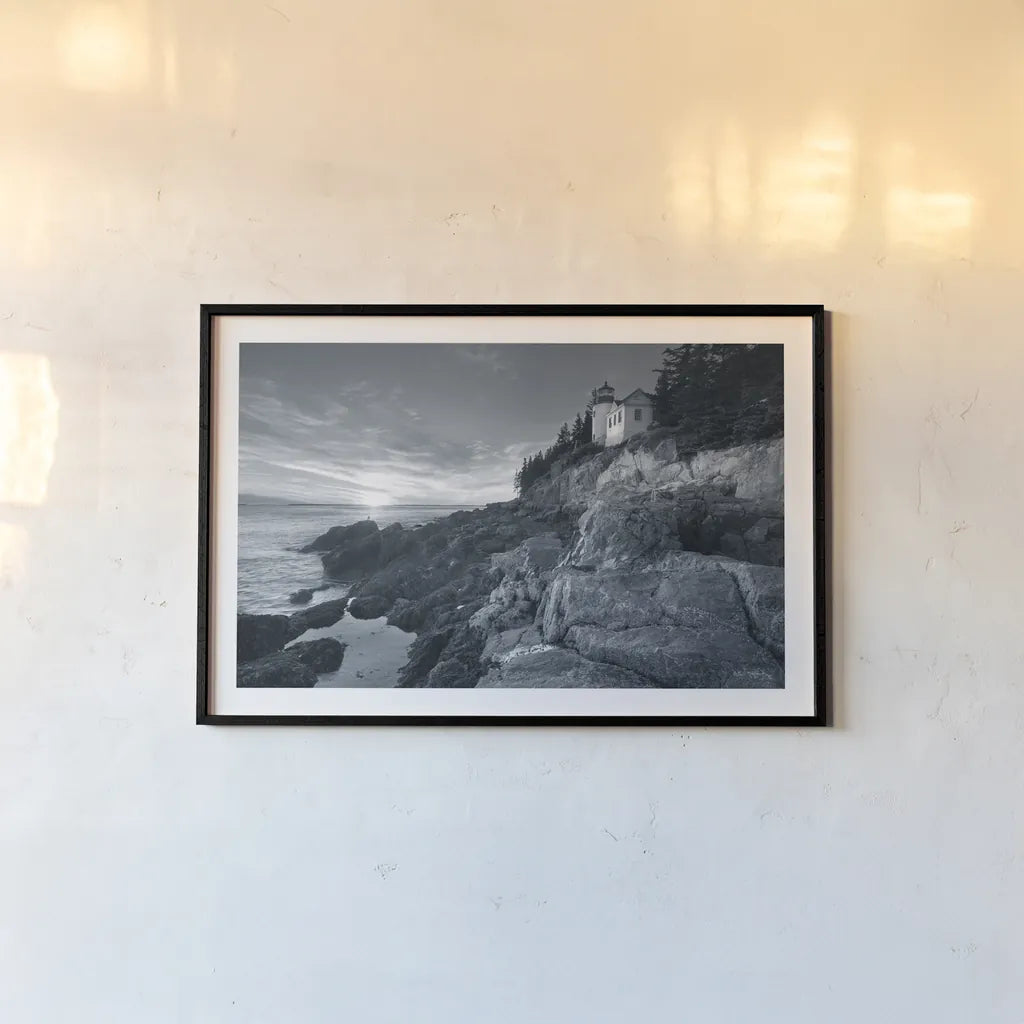 Bass Harbor Head Sunset by Alan Majchrowicz. shown as a paper print in a black flame. Available as a archival giclee rolled canvas, fine art paper, or poster print. SKU 33906i.
