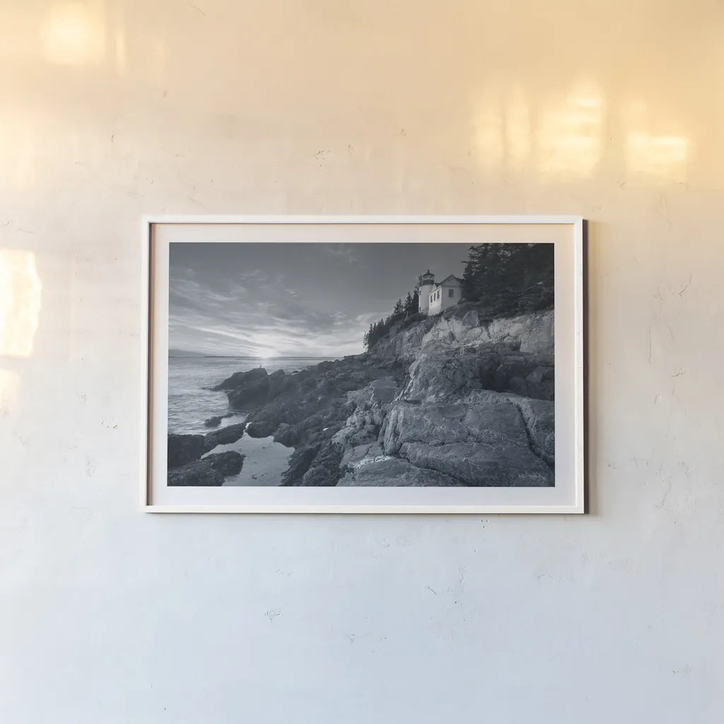 Bass Harbor Head Sunset by Alan Majchrowicz. shown as a paper print in a white frame. Available as a archival giclee rolled canvas, fine art paper, or poster print. SKU 33906i.