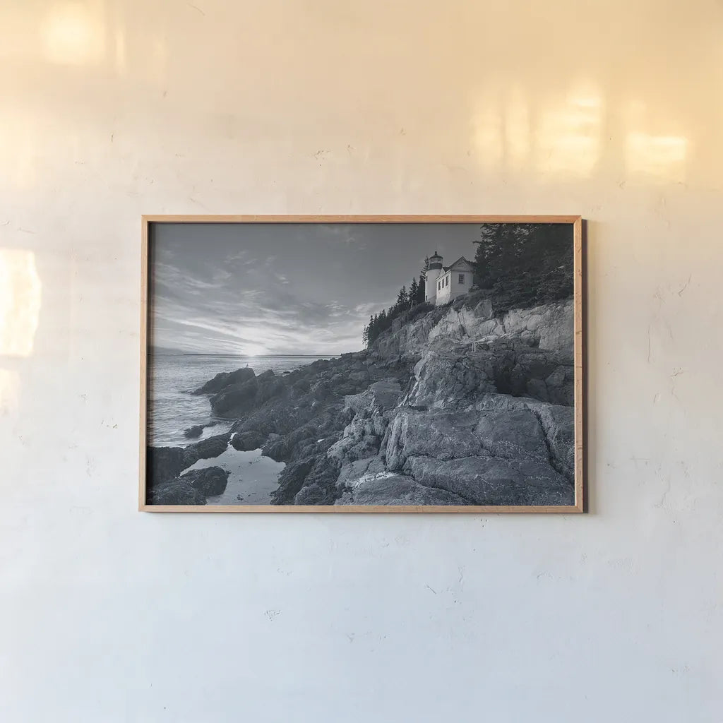 Bass Harbor Head Sunset no Border by Alan Majchrowicz. shown as a paper print in a natural frame. Available as a archival giclee rolled canvas, fine art paper, or poster print. SKU 34040i.
