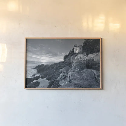 Bass Harbor Head Sunset no Border by Alan Majchrowicz. shown as a paper print in a natural frame. Available as a archival giclee rolled canvas, fine art paper, or poster print. SKU 34040i.