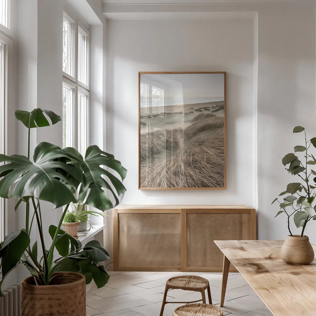 Beach Grasses by Alan Majchrowicz. shown as a print in a natural wood frame in a dining room. Available as a archival giclee rolled canvas, fine art paper, or poster print. SKU 70364h.