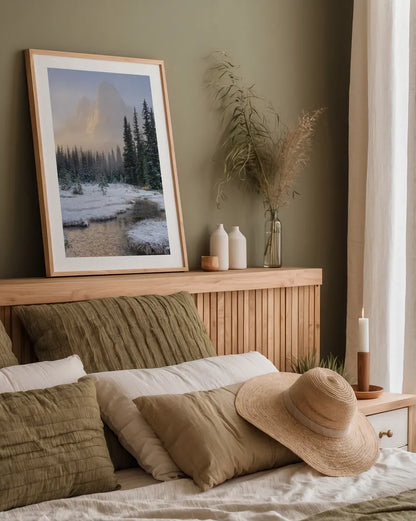 Bell Mountain North Cascades I by Alan Majchrowicz. shown as a paper print in a natural frame. Available as a archival giclee rolled canvas, fine art paper, or poster print. SKU 67695h.