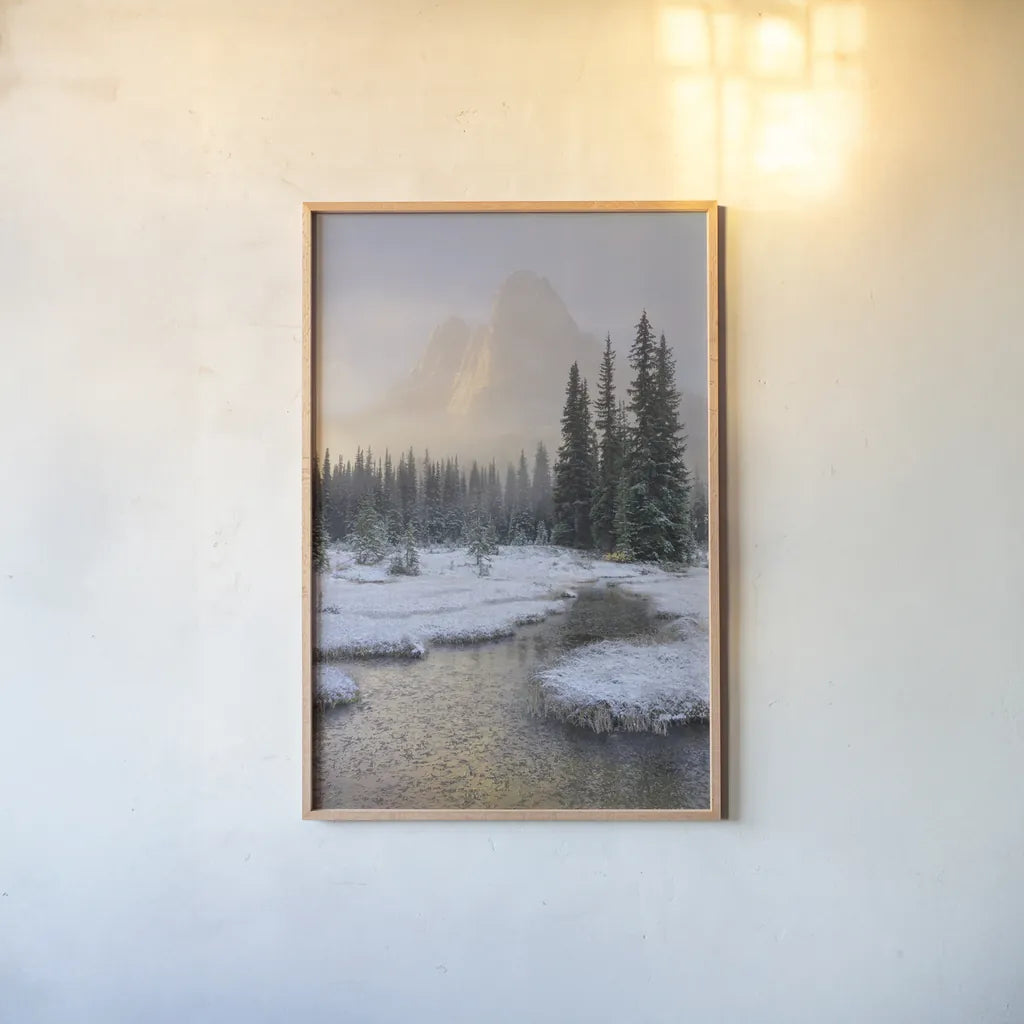 Bell Mountain North Cascades I by Alan Majchrowicz. shown as a paper print in a natural frame. Available as a archival giclee rolled canvas, fine art paper, or poster print. SKU 67695h.