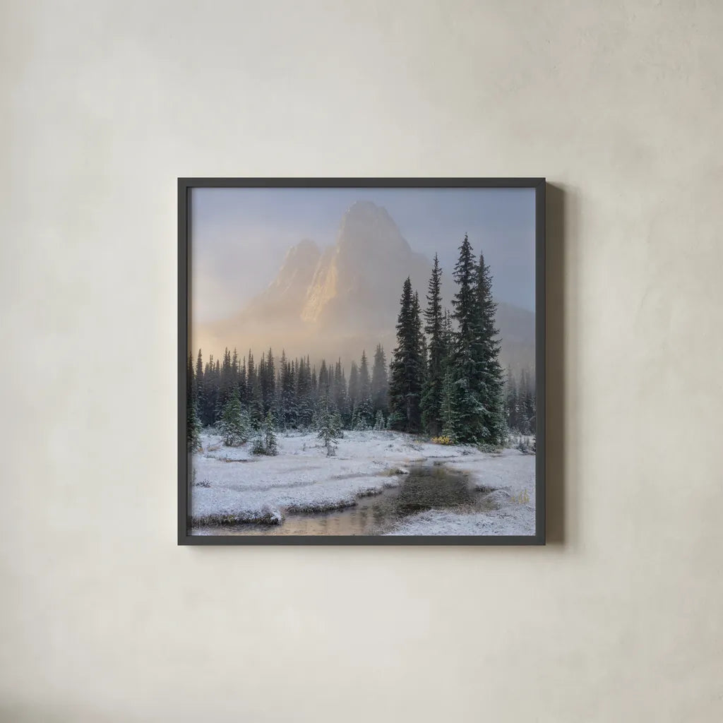 Bell Mountain North Cascades II by Alan Majchrowicz. Shown in a sleek black glass frame for a contemporary gallery look. Available as an archival giclee rolled canvas, fine art paper, or poster print. SKU 67696a.