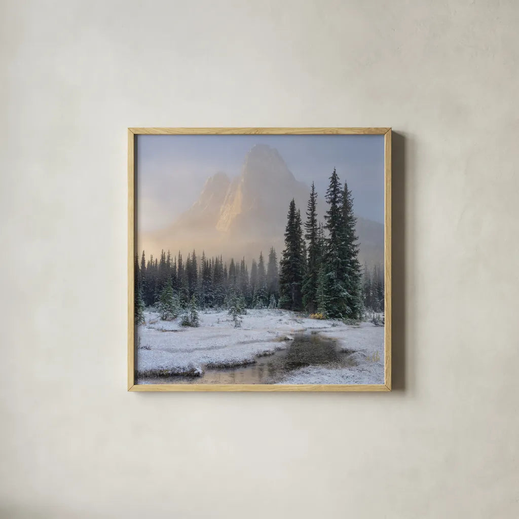Bell Mountain North Cascades II by Alan Majchrowicz. Shown in a natural wood glass frame for a timeless modern aesthetic. Available as an archival giclee rolled canvas, fine art paper, or poster print. SKU 67696a.