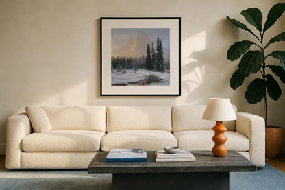 Bell Mountain North Cascades II by Alan Majchrowicz. Displayed in a glass frame with matte in a clean modern living room. Available as an archival giclee rolled canvas, fine art paper, or poster print. SKU 67696a.
