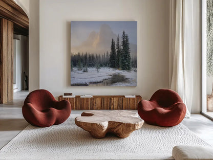 Bell Mountain North Cascades II by Alan Majchrowicz. Shown as extra-large giant wall art in a modern living room. Available as an archival giclee rolled canvas, fine art paper, or poster print. SKU 67696a.
