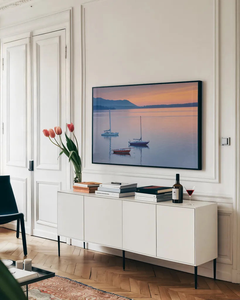 Bellingham Bay by Alan Majchrowicz. shown as a framed stretched canvas in a living room above a console. Available as a archival giclee rolled canvas, fine art paper, or poster print. SKU 47841i.