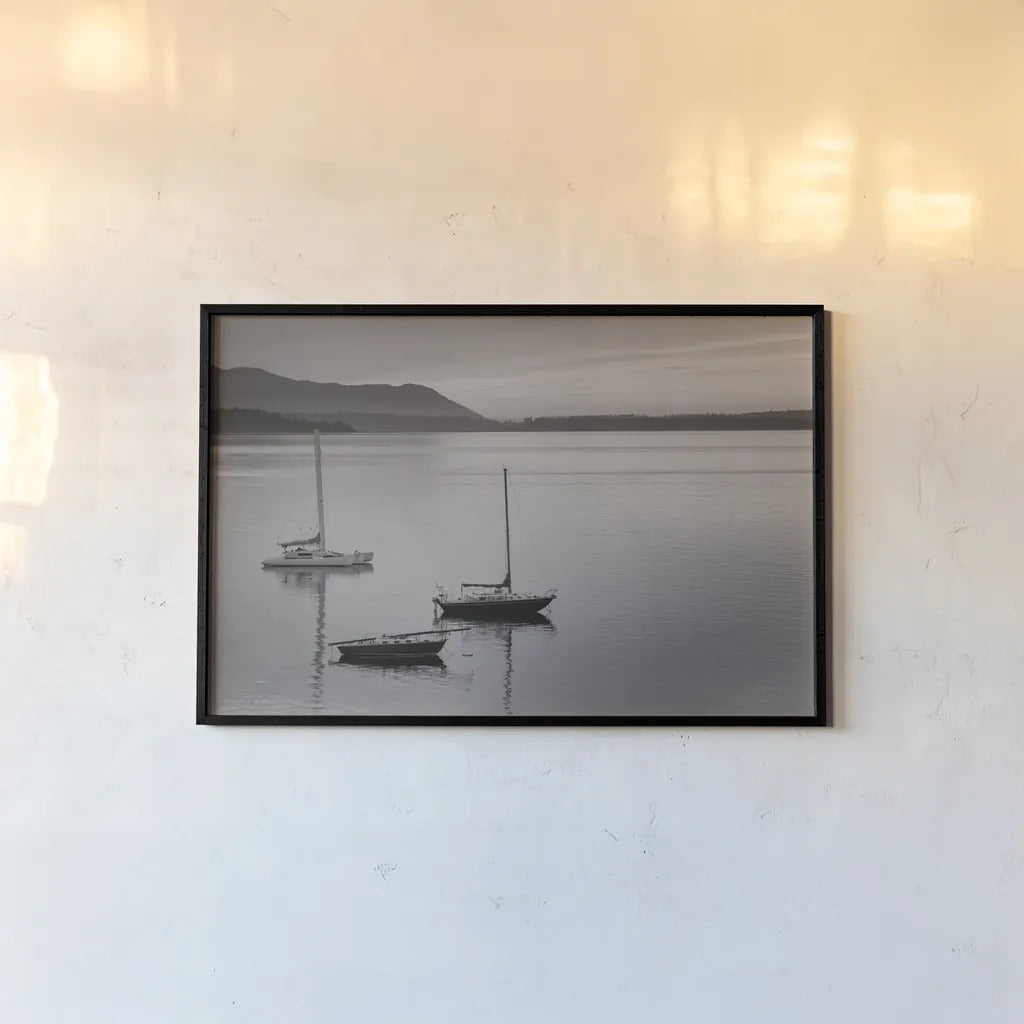 Bellingham Bay BW by Alan Majchrowicz. shown as a paper print in a black flame. Available as a archival giclee rolled canvas, fine art paper, or poster print. SKU 50226i.