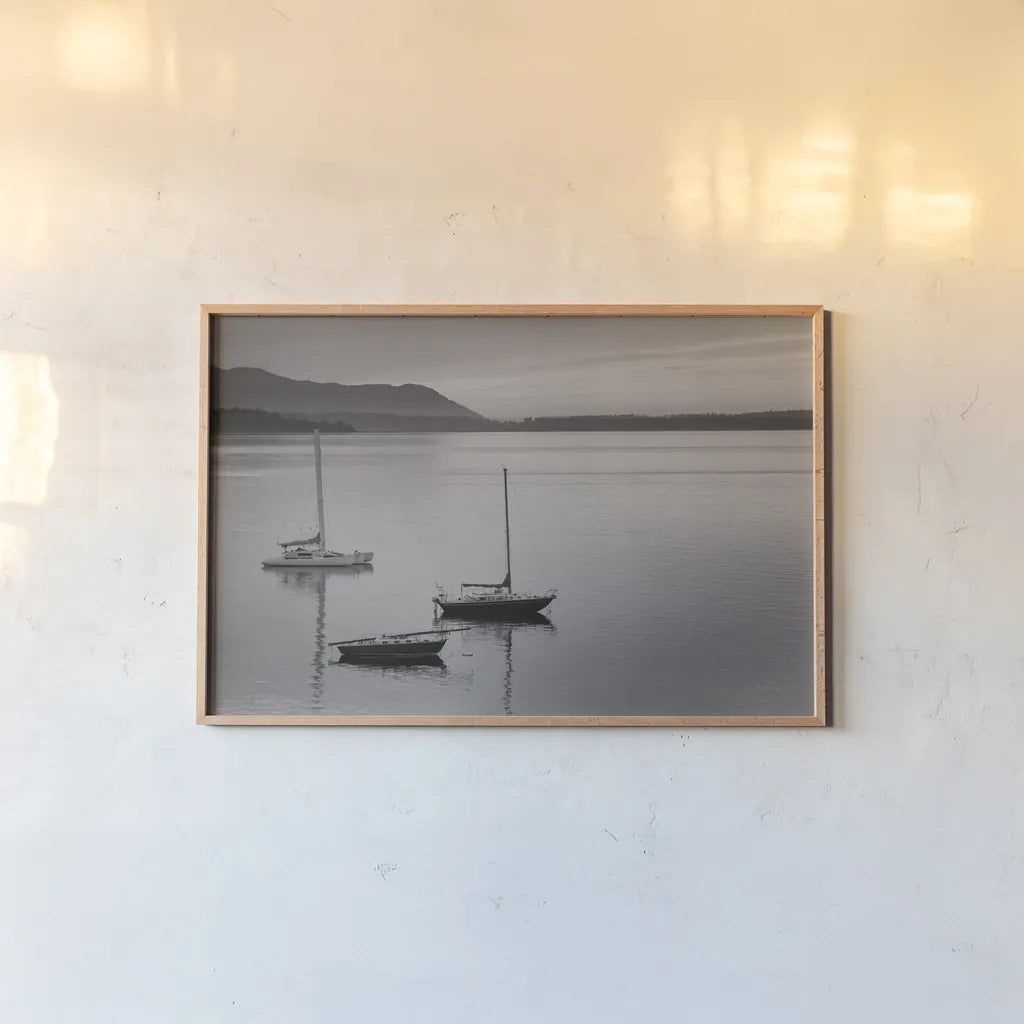 Bellingham Bay BW by Alan Majchrowicz. shown as a paper print in a natural frame. Available as a archival giclee rolled canvas, fine art paper, or poster print. SKU 50226i.