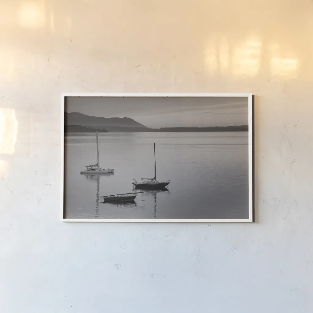 Bellingham Bay BW by Alan Majchrowicz. shown as a paper print in a white frame. Available as a archival giclee rolled canvas, fine art paper, or poster print. SKU 50226i.