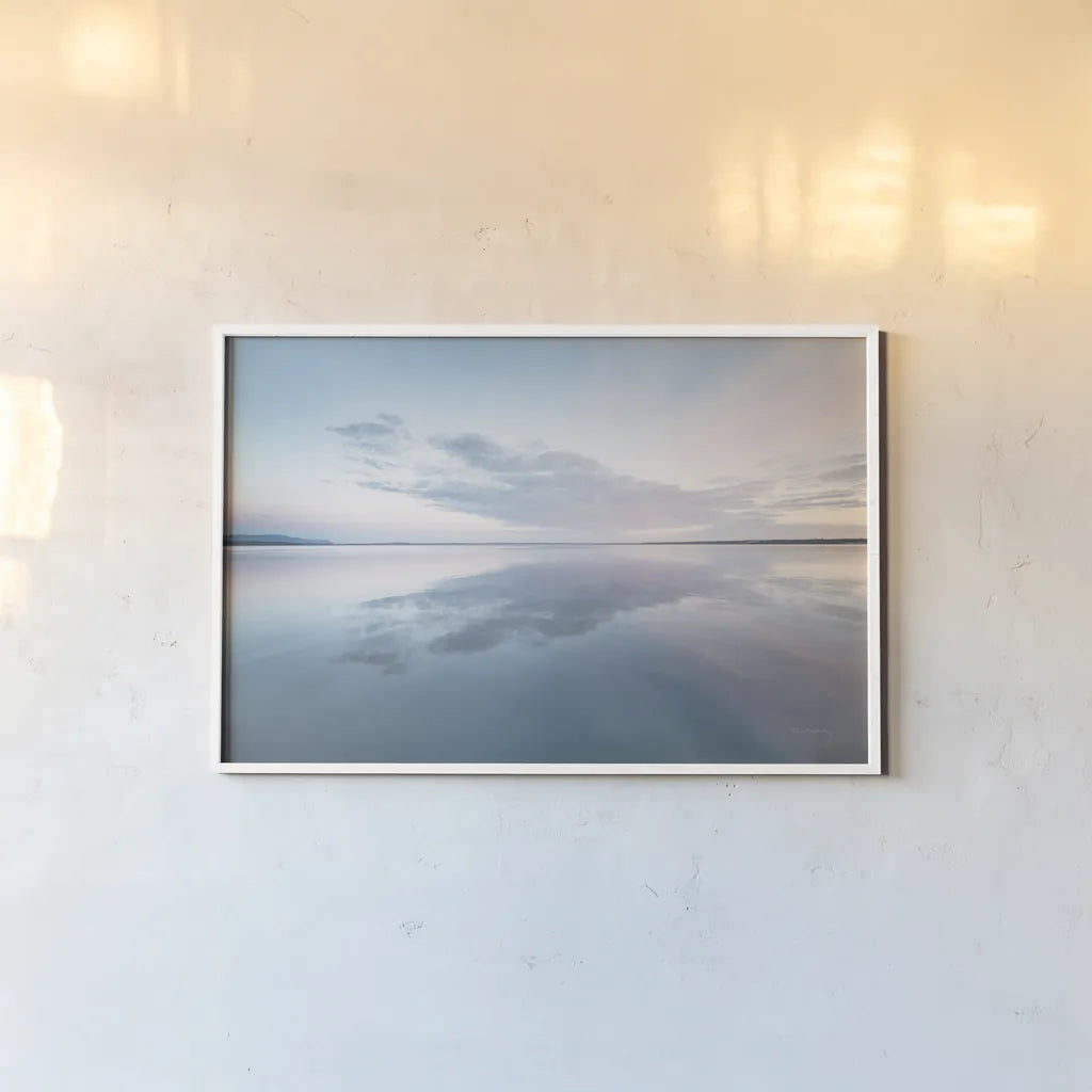 Bellingham Bay Clouds Reflection I by Alan Majchrowicz. shown as a paper print in a white frame. Available as a archival giclee rolled canvas, fine art paper, or poster print. SKU 61441i.