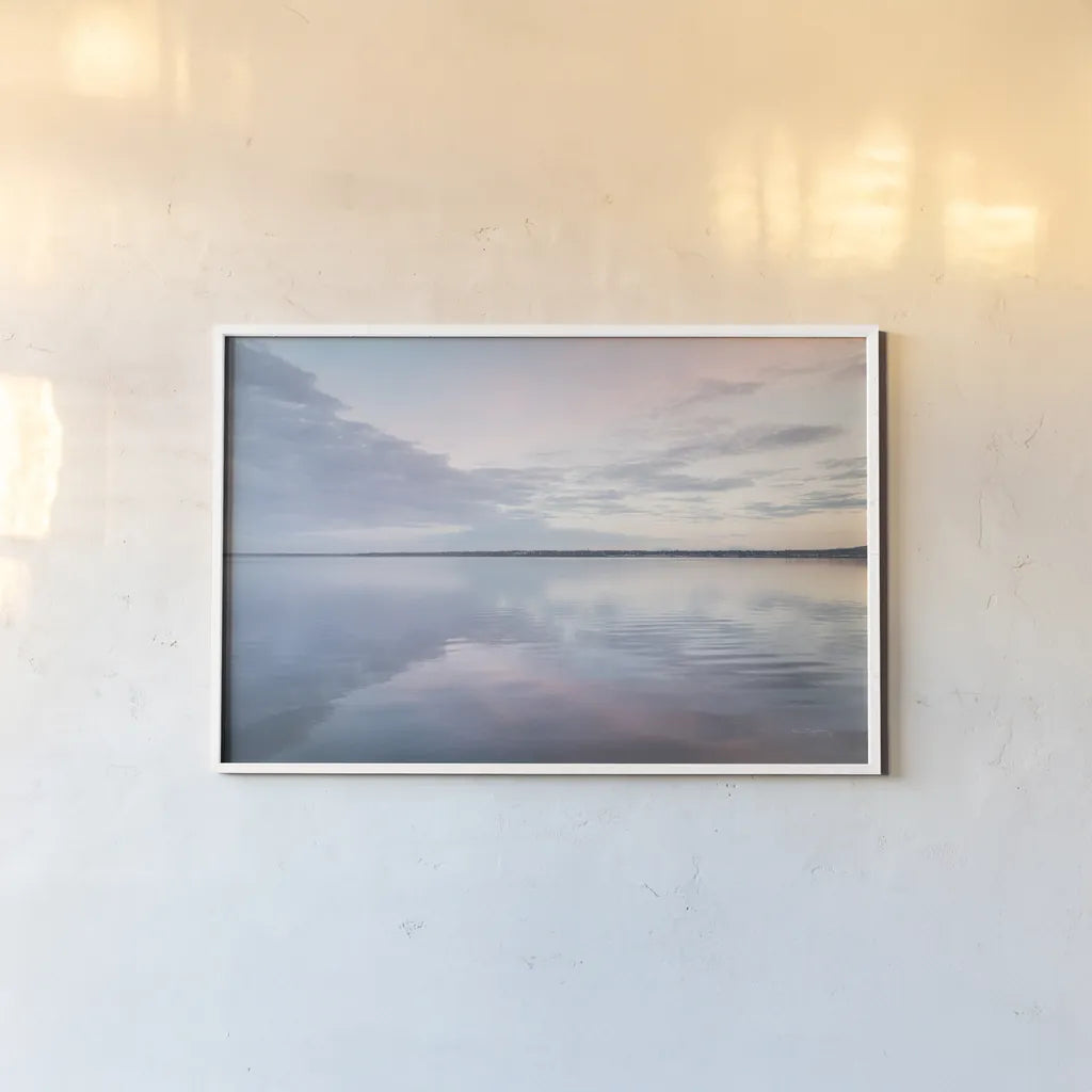 Bellingham Bay Clouds Reflection II by Alan Majchrowicz. shown as a paper print in a white frame. Available as a archival giclee rolled canvas, fine art paper, or poster print. SKU 61442i.