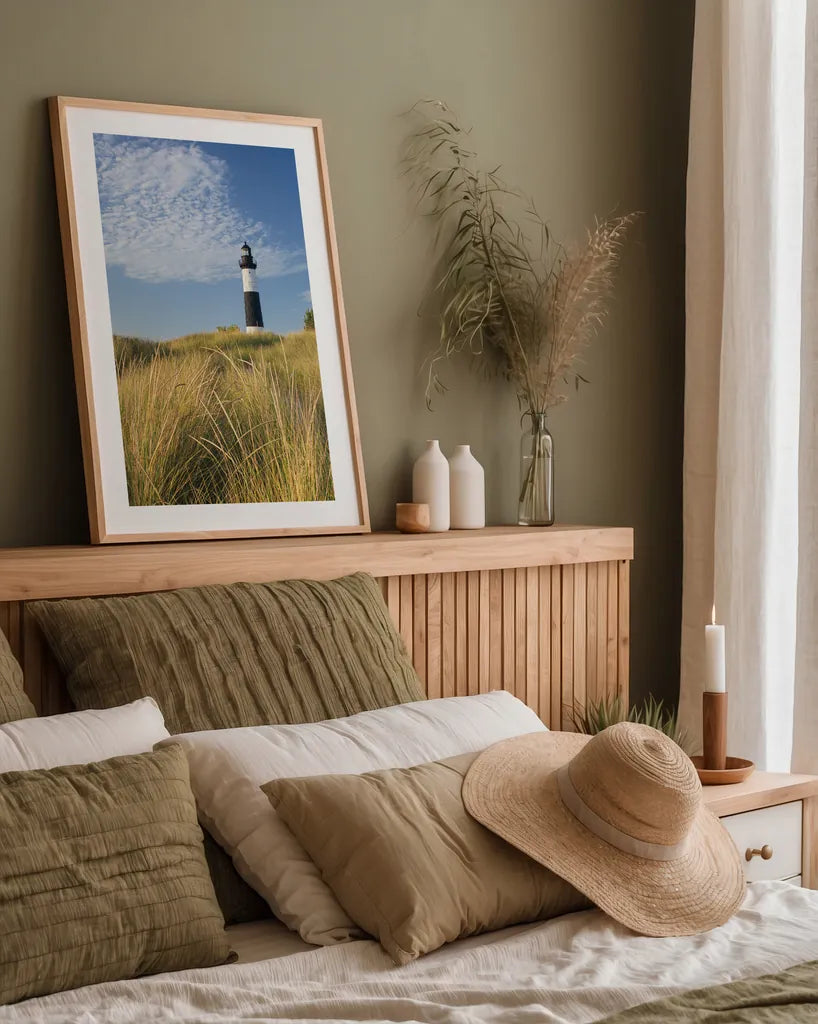 Big Sable Point Lighthouse I by Alan Majchrowicz. shown as a paper print in a natural frame. Available as a archival giclee rolled canvas, fine art paper, or poster print. SKU 50032h.