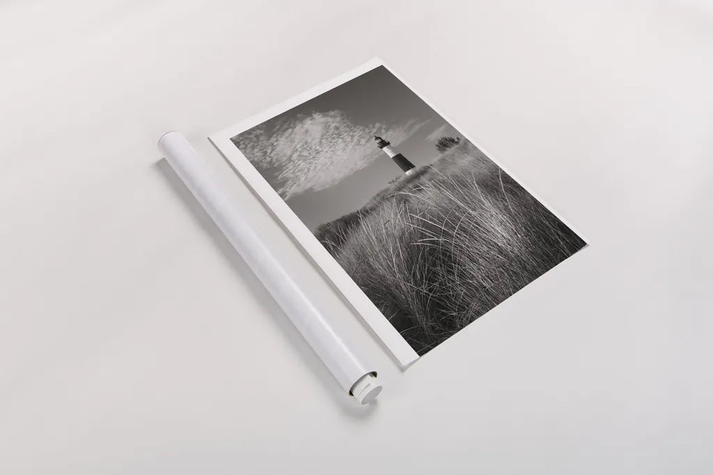 Big Sable Point Lighthouse I BW by Alan Majchrowicz. shown as a rolled paper print. Available as archival giclee rolled canvas, fine art paper, or poster print. SKU 50034h.