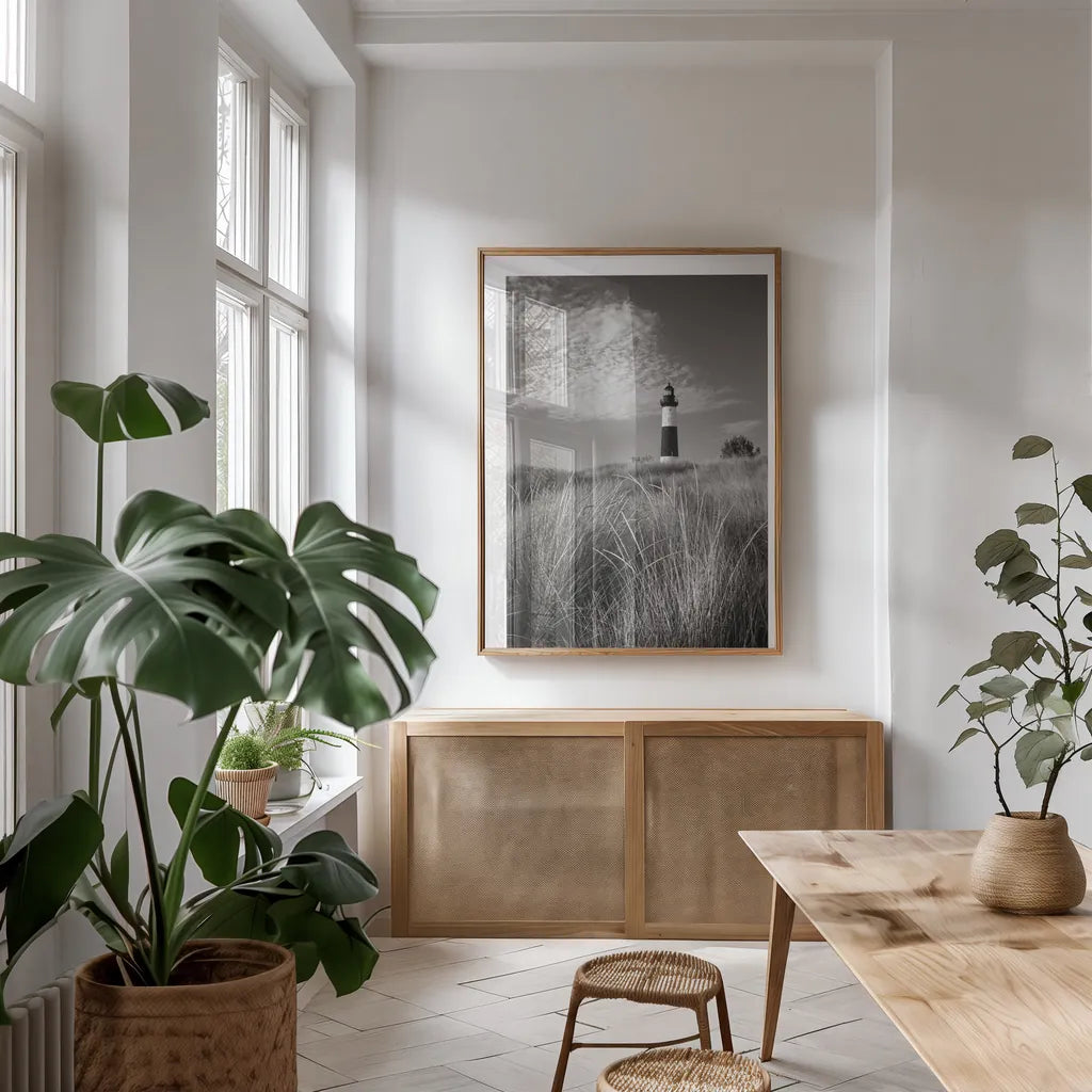 Big Sable Point Lighthouse I BW by Alan Majchrowicz. shown as a print in a natural wood frame in a dining room. Available as a archival giclee rolled canvas, fine art paper, or poster print. SKU 50034h.