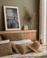 Big Sable Point Lighthouse I BW by Alan Majchrowicz. shown as a paper print in a natural frame. Available as a archival giclee rolled canvas, fine art paper, or poster print. SKU 50034h.