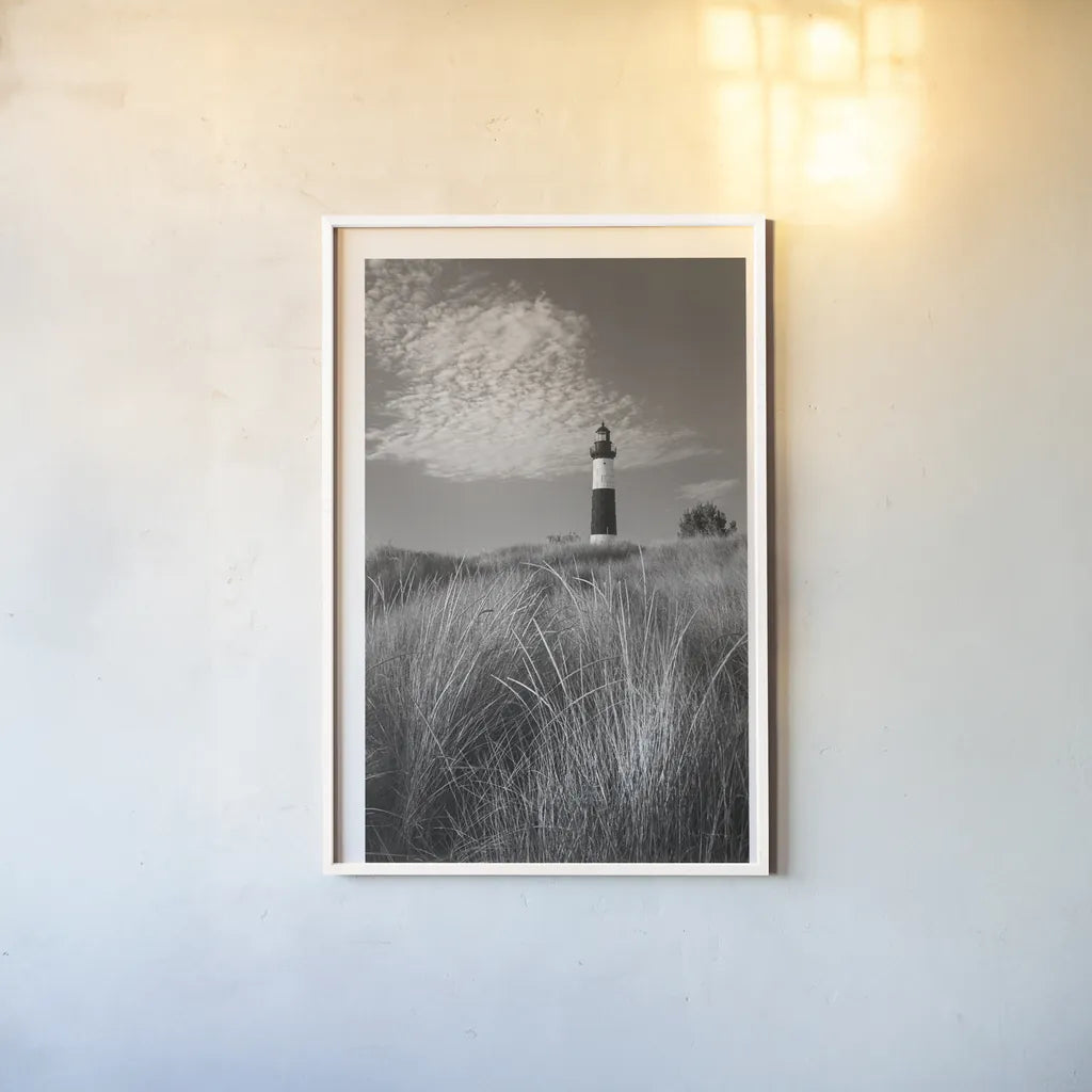 Big Sable Point Lighthouse I BW by Alan Majchrowicz. shown as a paper print in a white frame. Available as a archival giclee rolled canvas, fine art paper, or poster print. SKU 50034h.