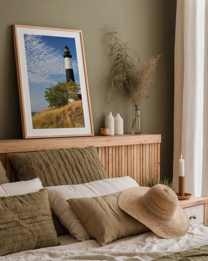 Big Sable Point Lighthouse II by Alan Majchrowicz. shown as a paper print in a natural frame. Available as a archival giclee rolled canvas, fine art paper, or poster print. SKU 50033h.