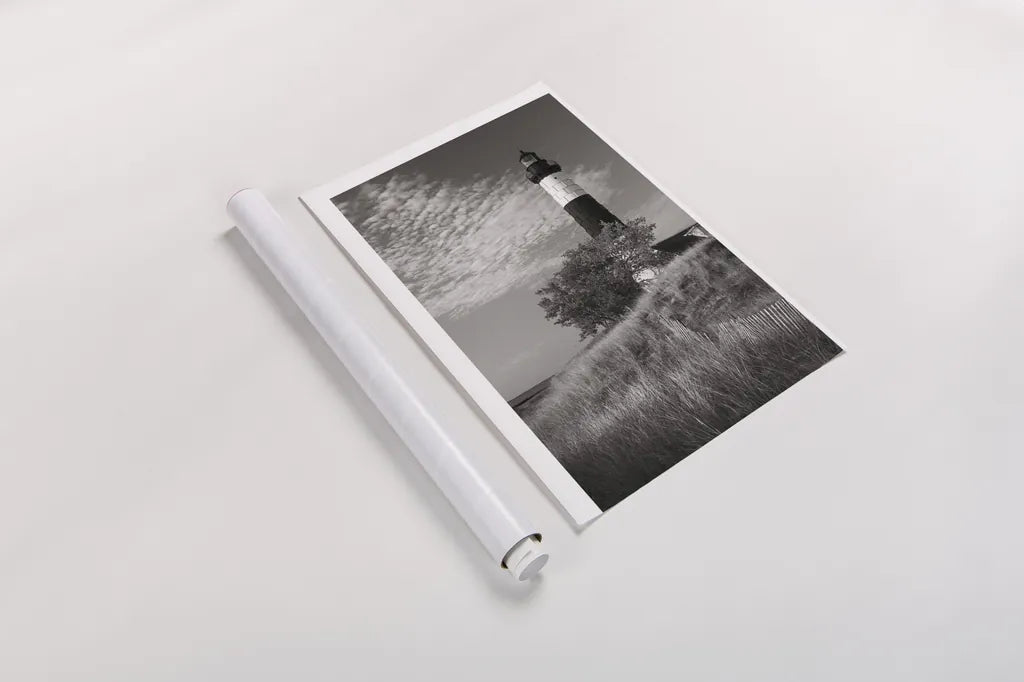 Big Sable Point Lighthouse II BW by Alan Majchrowicz. shown as a rolled paper print. Available as archival giclee rolled canvas, fine art paper, or poster print. SKU 50035h.