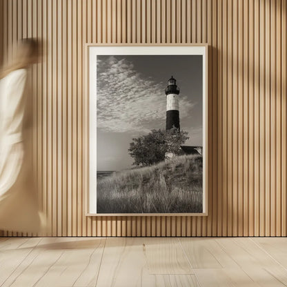 Big Sable Point Lighthouse II BW by Alan Majchrowicz. shown as over sized large wall art. Available as an archival giclee rolled canvas, fine art paper, or poster print. SKU 50035h.
