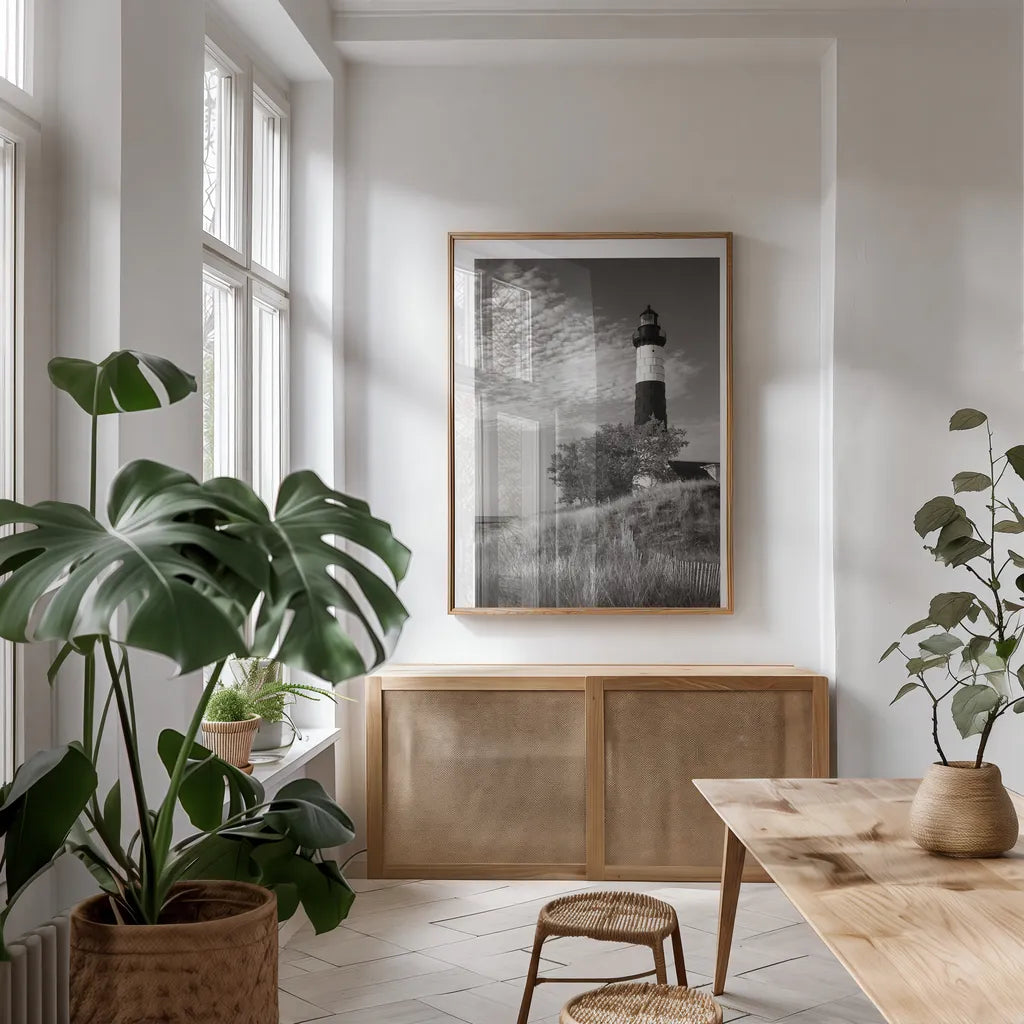 Big Sable Point Lighthouse II BW by Alan Majchrowicz. shown as a print in a natural wood frame in a dining room. Available as a archival giclee rolled canvas, fine art paper, or poster print. SKU 50035h.