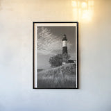 Big Sable Point Lighthouse II BW by Alan Majchrowicz. shown as a paper print in a black flame. Available as a archival giclee rolled canvas, fine art paper, or poster print. SKU 50035h.