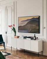Big Sur I by Alan Majchrowicz. shown as a framed stretched canvas in a living room above a console. Available as a archival giclee rolled canvas, fine art paper, or poster print. SKU 46104i.