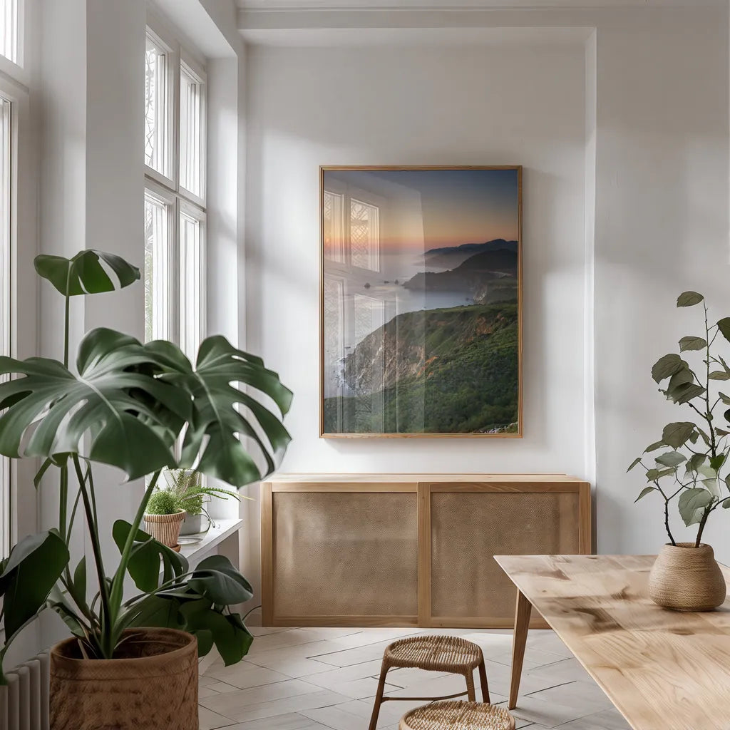 Big Sur II by Alan Majchrowicz. shown as a print in a natural wood frame in a dining room. Available as a archival giclee rolled canvas, fine art paper, or poster print. SKU 46105h.