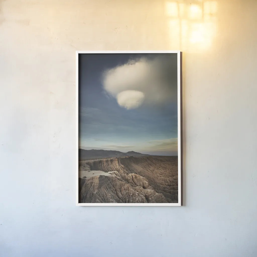 Borrego Clouds by Alan Majchrowicz. shown as a paper print in a white frame. Available as a archival giclee rolled canvas, fine art paper, or poster print. SKU 77218h.
