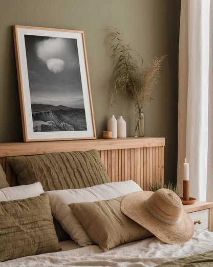 Borrego Clouds BW by Alan Majchrowicz. shown as a paper print in a natural frame. Available as a archival giclee rolled canvas, fine art paper, or poster print. SKU 88864h.