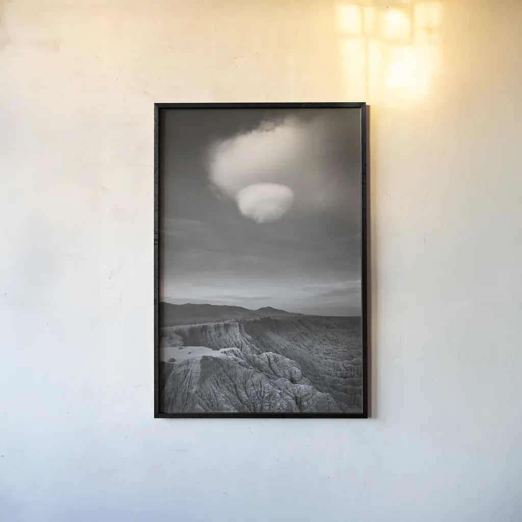 Borrego Clouds BW by Alan Majchrowicz. shown as a paper print in a black flame. Available as a archival giclee rolled canvas, fine art paper, or poster print. SKU 88864h.