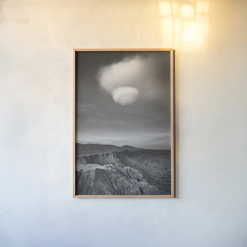 Borrego Clouds BW by Alan Majchrowicz. shown as a paper print in a natural frame. Available as a archival giclee rolled canvas, fine art paper, or poster print. SKU 88864h.