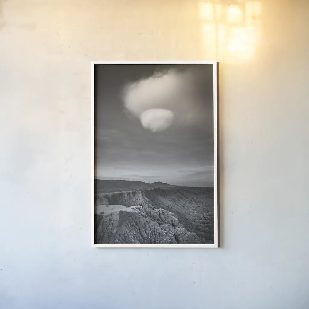 Borrego Clouds BW by Alan Majchrowicz. shown as a paper print in a white frame. Available as a archival giclee rolled canvas, fine art paper, or poster print. SKU 88864h.