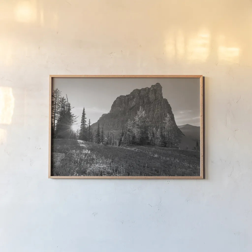 Boulder Pass Glacier National Park BW by Alan Majchrowicz. shown as a paper print in a natural frame. Available as a archival giclee rolled canvas, fine art paper, or poster print. SKU 71342i.