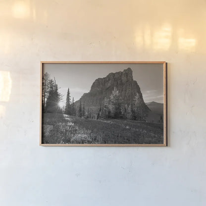 Boulder Pass Glacier National Park BW by Alan Majchrowicz. shown as a paper print in a natural frame. Available as a archival giclee rolled canvas, fine art paper, or poster print. SKU 71342i.