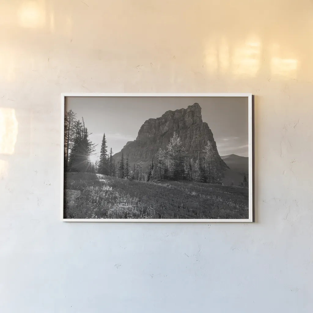 Boulder Pass Glacier National Park BW by Alan Majchrowicz. shown as a paper print in a white frame. Available as a archival giclee rolled canvas, fine art paper, or poster print. SKU 71342i.