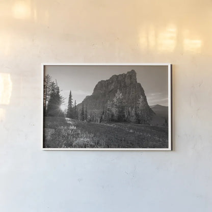 Boulder Pass Glacier National Park BW by Alan Majchrowicz. shown as a paper print in a white frame. Available as a archival giclee rolled canvas, fine art paper, or poster print. SKU 71342i.