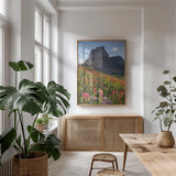 Boulder Pass Wildflowers by Alan Majchrowicz. shown as a print in a natural wood frame in a dining room. Available as a archival giclee rolled canvas, fine art paper, or poster print. SKU 68095h.
