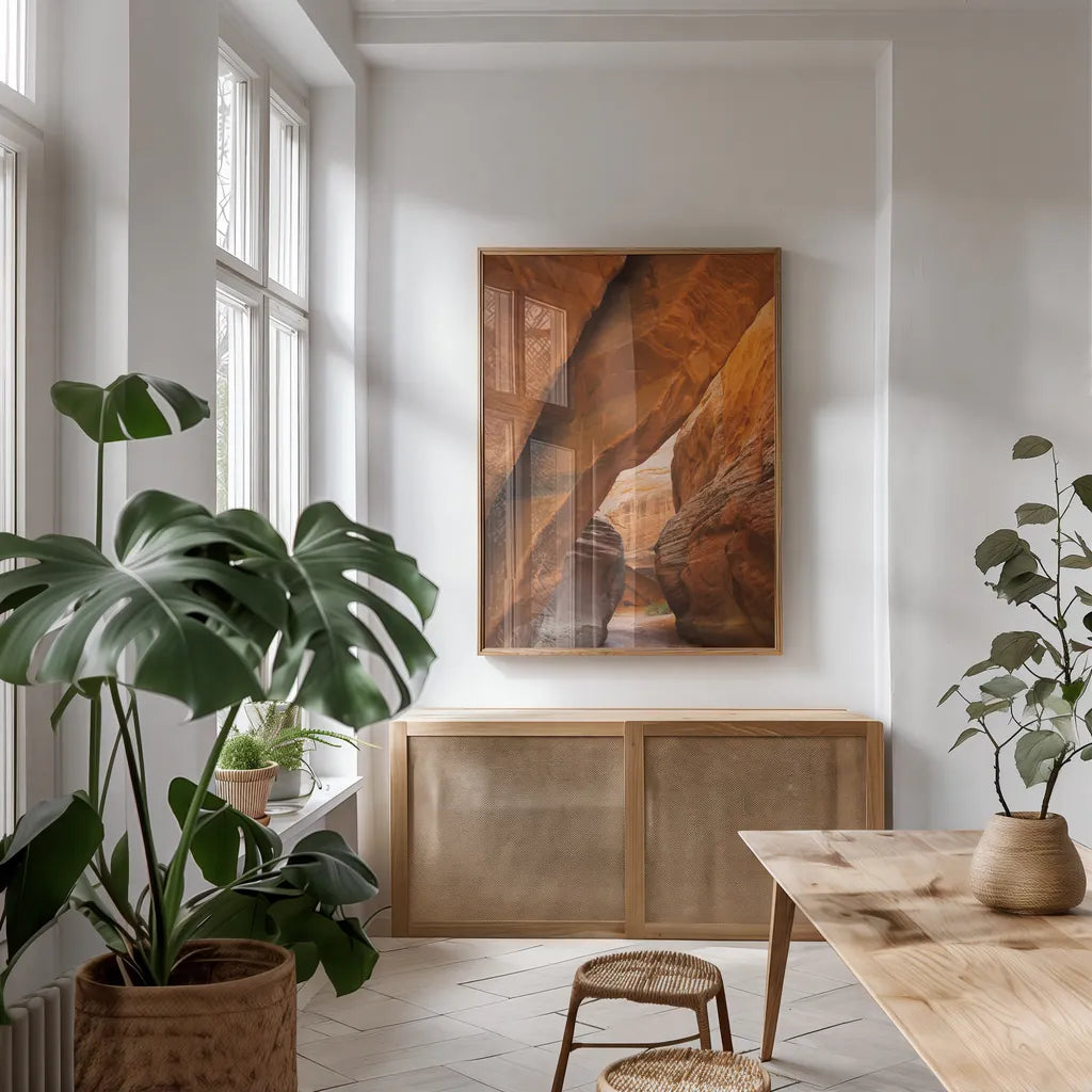 Buckskin Gulch I by Alan Majchrowicz. shown as a print in a natural wood frame in a dining room. Available as a archival giclee rolled canvas, fine art paper, or poster print. SKU 53472h.