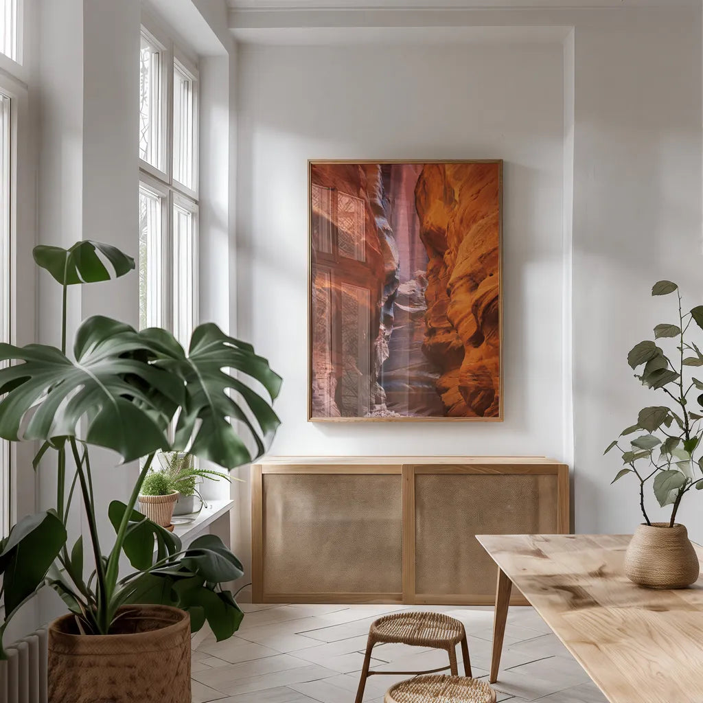 Buckskin Gulch IV by Alan Majchrowicz. shown as a print in a natural wood frame in a dining room. Available as a archival giclee rolled canvas, fine art paper, or poster print. SKU 53475h.