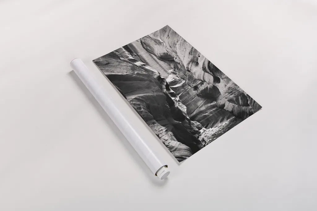 Buckskin Gulch IV BW by Alan Majchrowicz. shown as a rolled paper print. Available as archival giclee rolled canvas, fine art paper, or poster print. SKU 53663h.